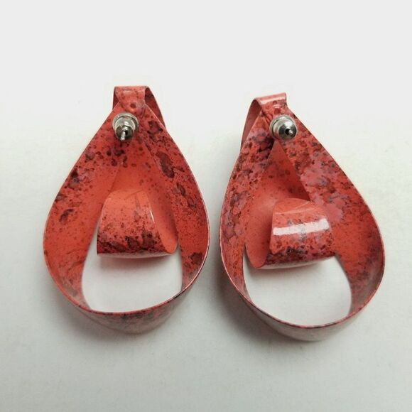 Vintage Pink Marbeled Door Knocker Loop Stud Earrings, Retro 80s Style Estate - Picture 4 of 6